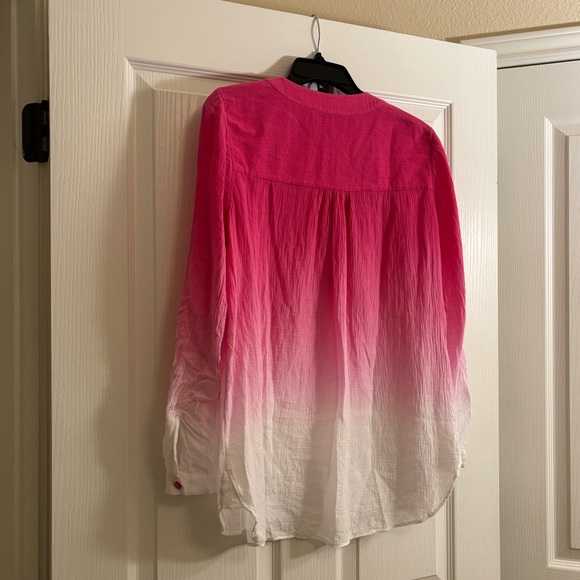 DIANE VON FURSTENBERG Esti Ombre Gauze Top in Beet with Roll Up Sleeves - Picture 7 of 9